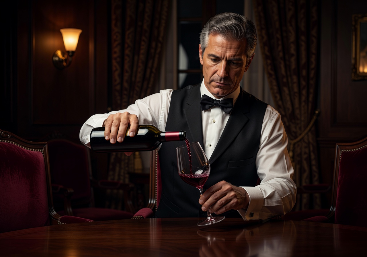 A sommelier pouring a glass of premium wine in a dimly lit, elegant room