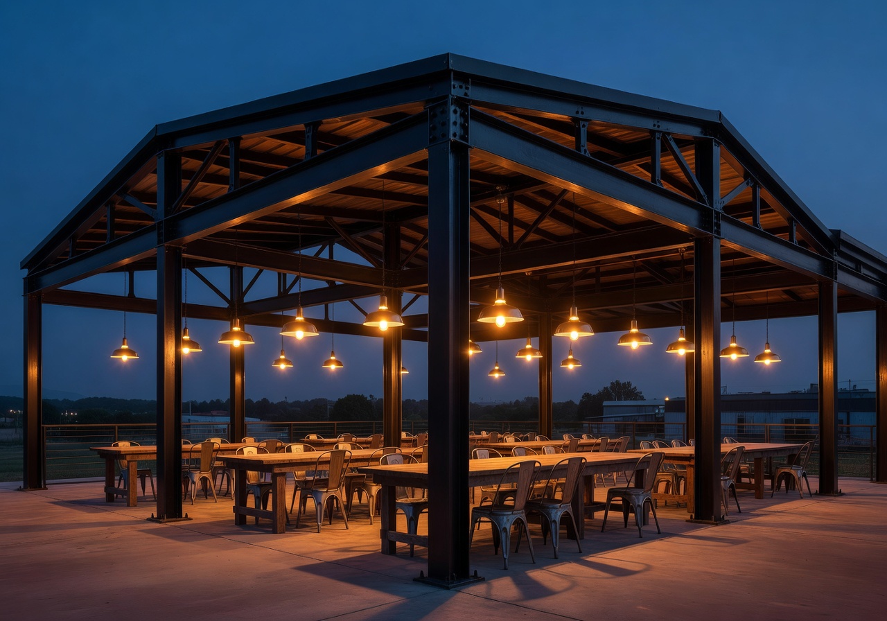 Beautiful exterior view of a warmly lit industrial dining pavilion