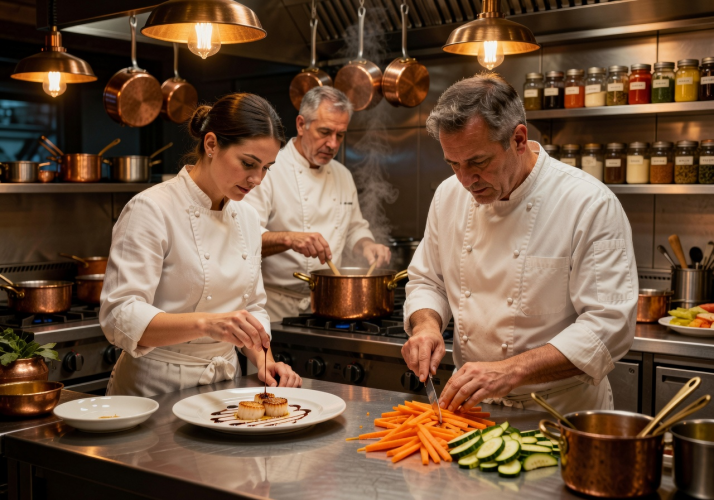 Chefs working meticulously in a warmly lit open kitchen