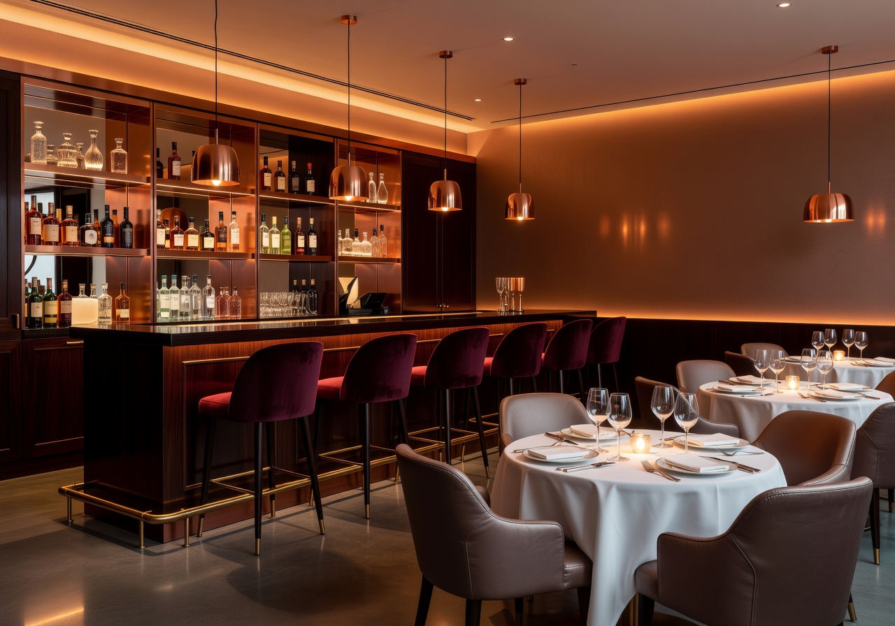 Elegant dining and bar space with warm copper lighting