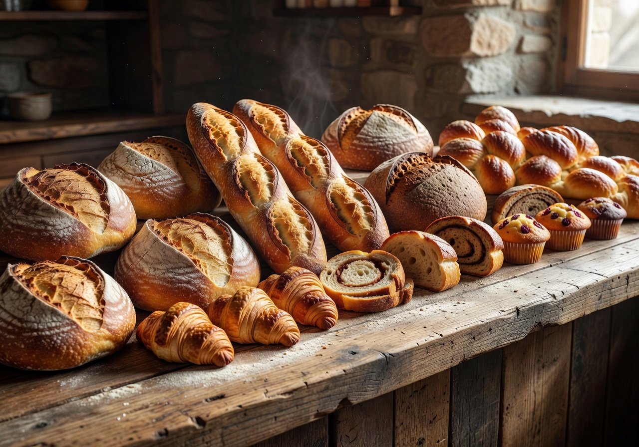 Fresh artisan baked goods and breads displayed on a rustic counter