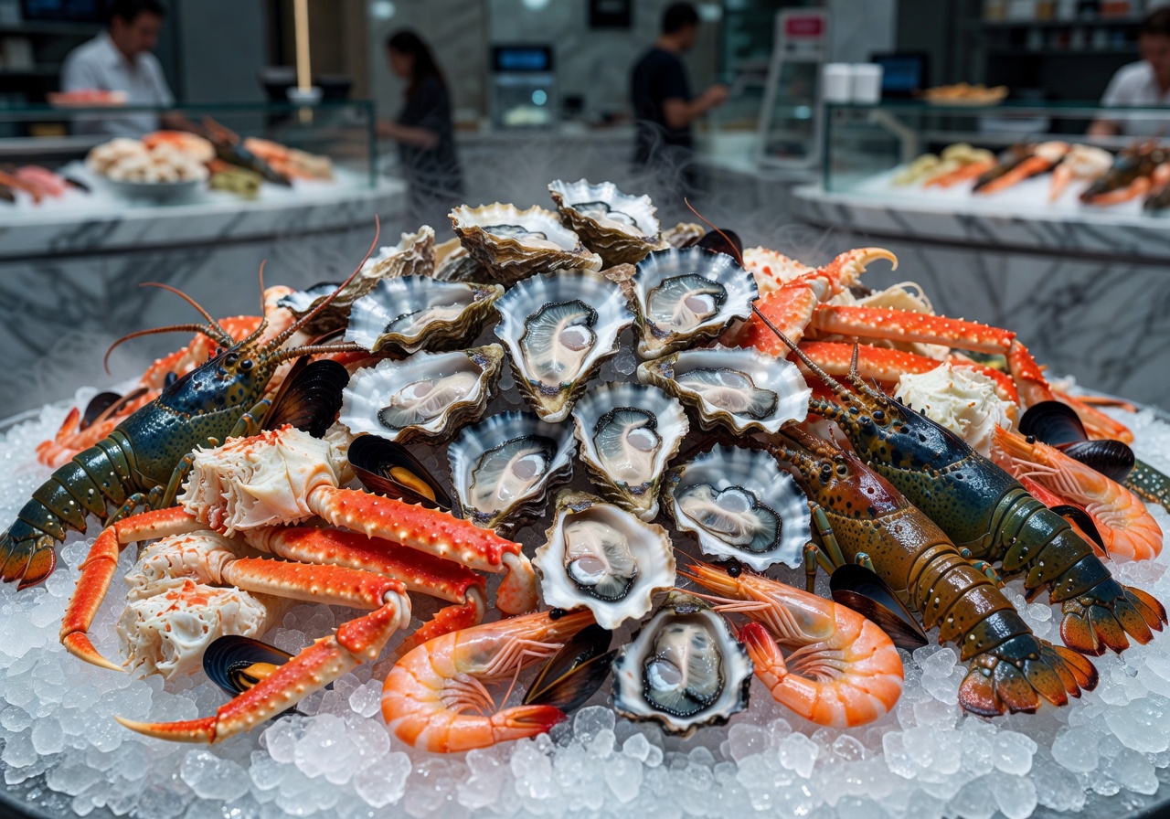 Fresh seafood and oysters displayed beautifully on ice at a premium market