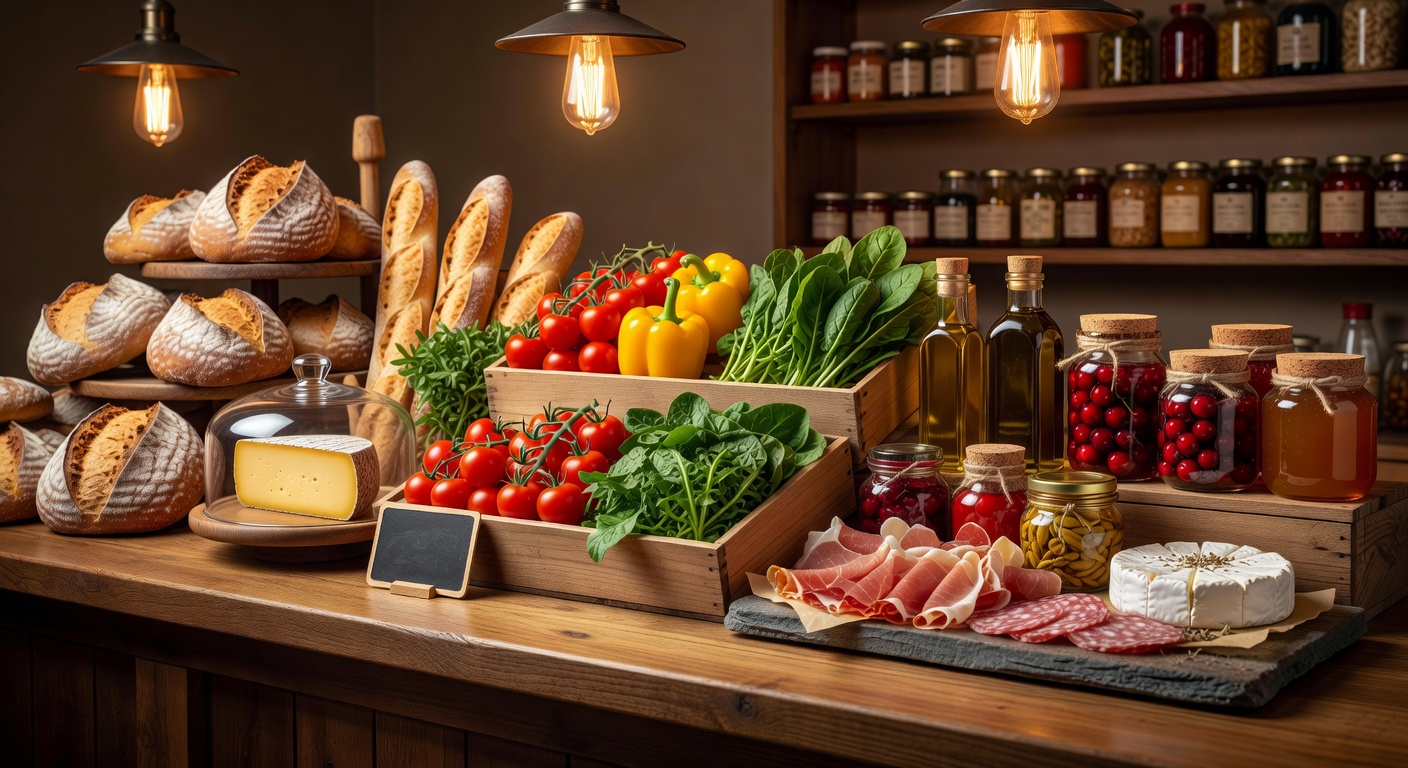 Warmly lit gourmet market counter with fresh artisan foods
